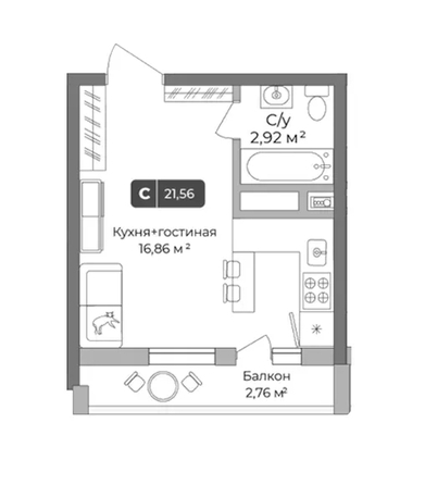 
  Продается студия 21.56 м², в ЖК Цитрус, литер 2. Фото 1.