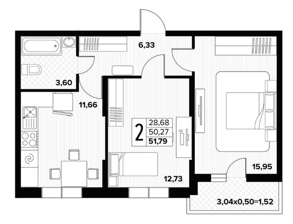 
  Продается 2-комн. квартира 51.79 м², в ЖК Друг, литера 7. Фото 9.