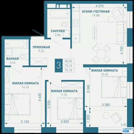 
  Продается 3-комн. квартира 75.1 м², в ЖК ИНАЧЕ в Молодежном, литер 1. Фото 15.