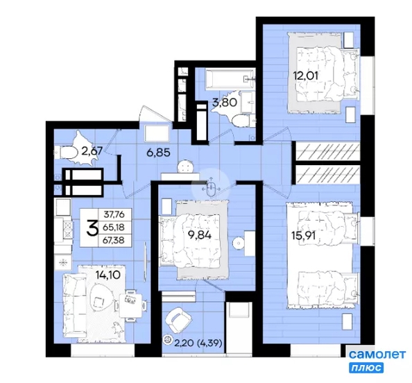 
  Продается 3-комн. квартира 67.4 м², в ЖК Народные Кварталы, литер 1. Фото 21.