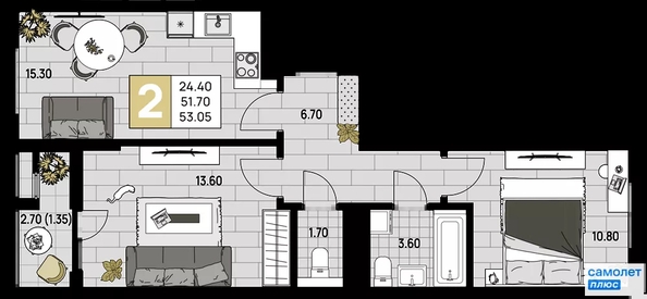 
  Продается 2-комн. квартира 53.05 м², в ЖК Усадьба Гостагаевская, 9.1 л 4. Фото 19.