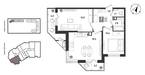 
  Продается 2-комн. квартира 65.8 м², в ЖК Рекорд 2, литера 2. Фото 1.