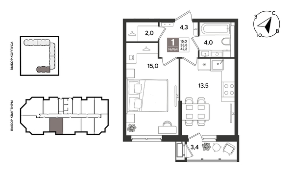
  Продается 1-комн. квартира 41.5 м², в ЖК Рекорд 2, литера 1. Фото 1.