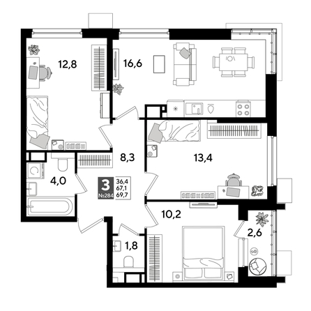 
  Продается 3-комн. квартира 68.7 м², в ЖК ДОГМА ПАРК, лит 17. Фото 1.