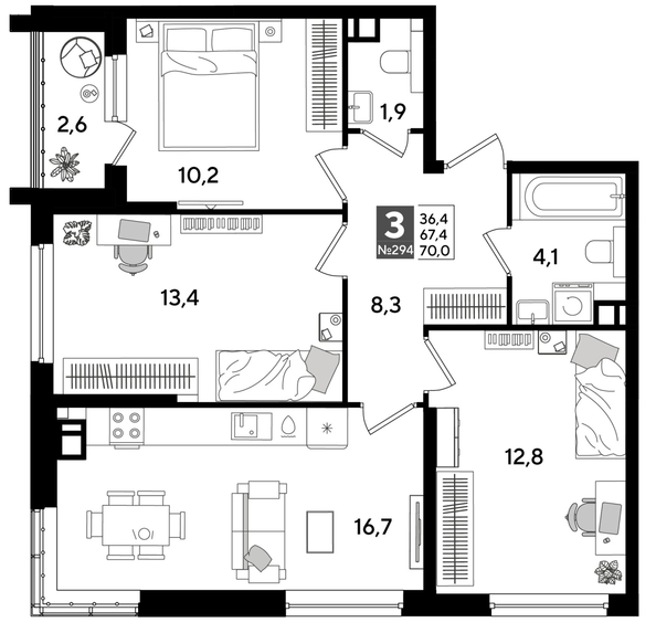 
  Продается 3-комн. квартира 68.4 м², в ЖК ДОГМА ПАРК, литера 19. Фото 1.