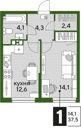 
  Продается 1-комн. квартира 37.2 м², в ЖК ДОГМА ПАРК, литера 18. Фото 1.