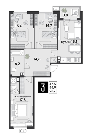 
  Продается 3-комн. квартира 92.7 м², в ЖК Парк Победы 2, литера 30. Фото 1.