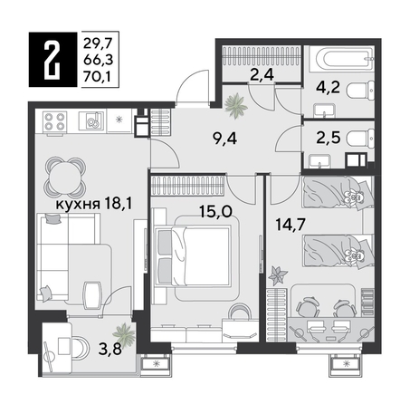 
  Продается 2-комн. квартира 70.1 м², в ЖК Парк Победы 2, литера 30. Фото 1.