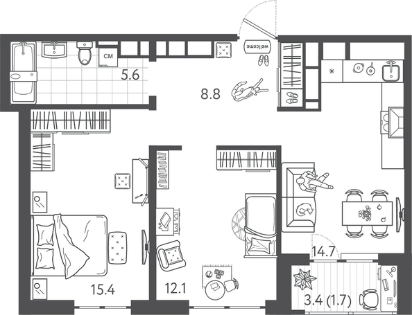 
  Продается 2-комн. квартира 58.1 м², в ЖК Все Свои ВИП, литера 3. Фото 1.