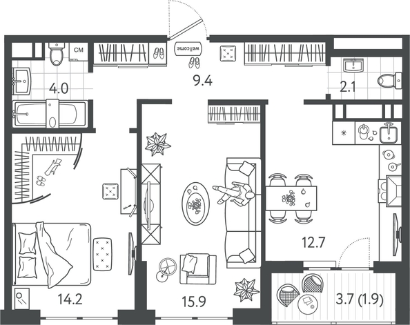
  Продается 2-комн. квартира 59.5 м², в ЖК Все Свои ВИП, литер 4. Фото 1.