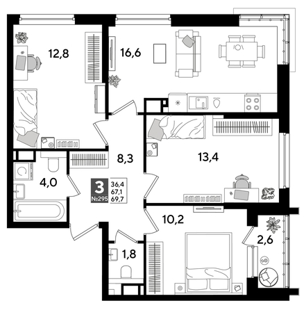 
  Продается 3-комн. квартира 68 м², в ЖК ДОГМА ПАРК, литера 15. Фото 1.