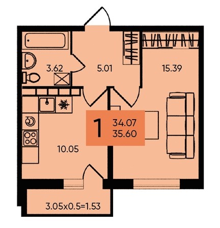 
   Продам 1-комнатную, 35.6 м², Западный Обход ул, 65а

. Фото 1.