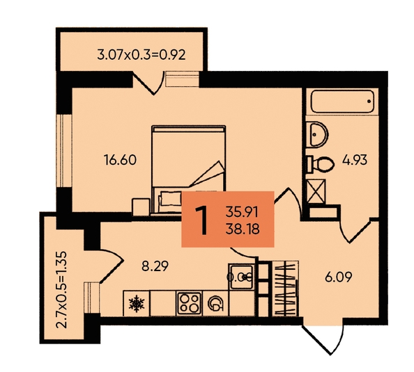 
   Продам 1-комнатную, 38.18 м², Западный Обход ул, 65а

. Фото 1.