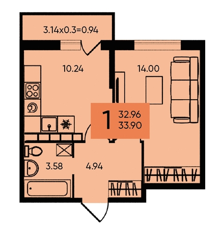 
   Продам 1-комнатную, 33.9 м², Западный Обход ул, 65а

. Фото 1.