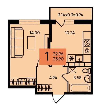 
   Продам 1-комнатную, 33.9 м², Западный Обход ул, 65а

. Фото 2.