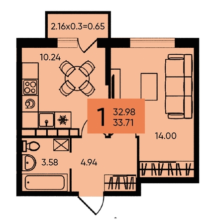 
   Продам 1-комнатную, 33.71 м², Западный Обход ул, 65а

. Фото 1.