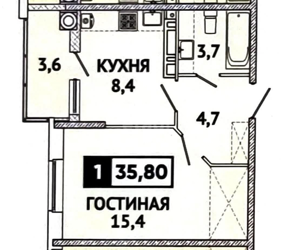 
   Продам 1-комнатную, 35.8 м², Матрёны Наздрачёвой ул, 3/3

. Фото 4.