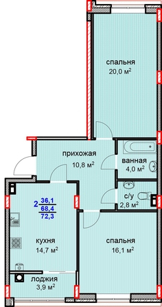 
   Продам 2-комнатную, 72.3 м², Суворов, дом 1

. Фото 2.