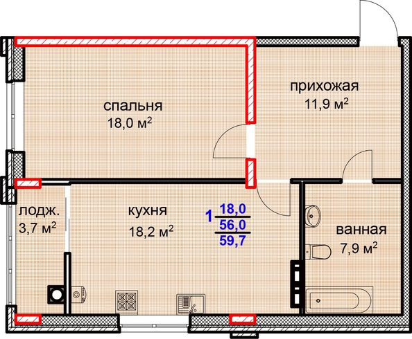 
   Продам 1-комнатную, 59.7 м², Суворов, дом 1

. Фото 2.