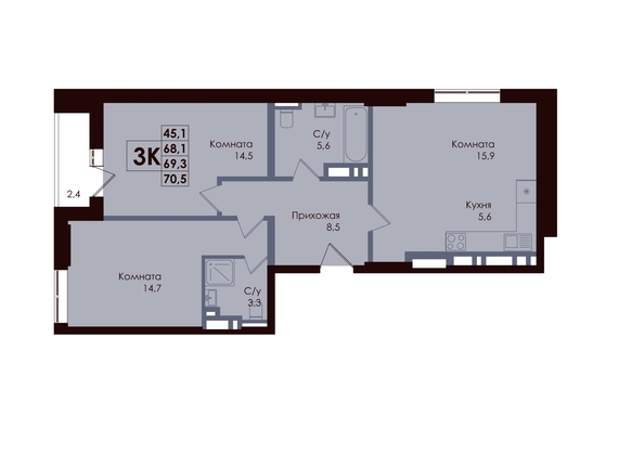 
  Продается 3-комн. квартира 68.3 м², в ЖК Академия, 1 этап. Фото 1.