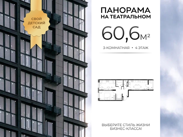
  Продается 3-комн. квартира 60.6 м², в ЖК Панорама на Театральном, литера 1. Фото 1.