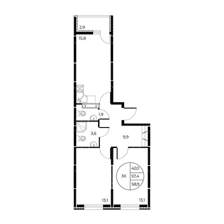 
   Продам 3-комнатную, 58.9 м², Панорама на Театральном, литера 1

. Фото 4.