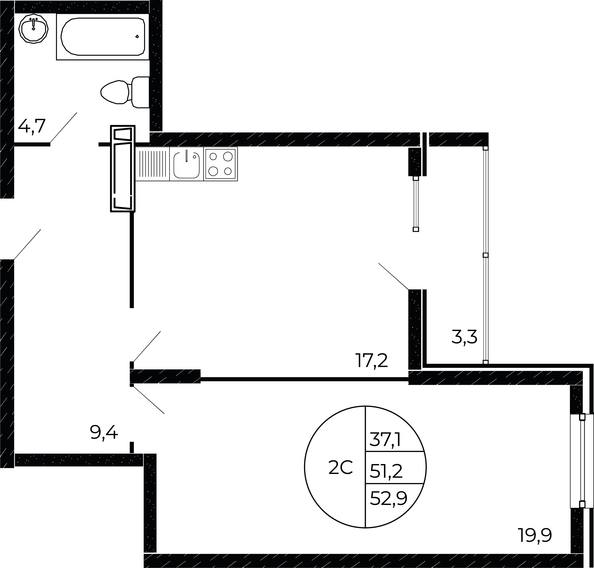 
   Продам 2-комнатную, 52.9 м², Флора, литера 1.2

. Фото 3.