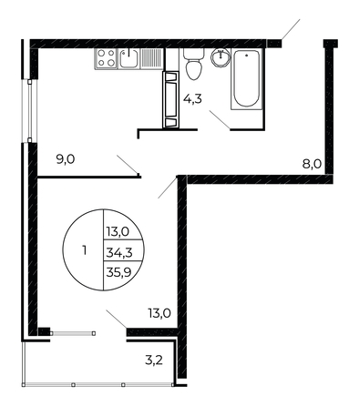 
   Продам 1-комнатную, 35.9 м², Флора, литера 1.3

. Фото 2.