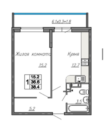 
   Продам 1-комнатную, 38.4 м², Нансена ул, 83с3

. Фото 5.