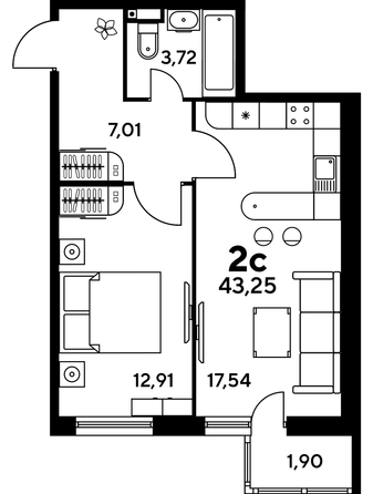 
   Продам 2-комнатную, 43.13 м², Малина Парк, дом 1

. Фото 1.