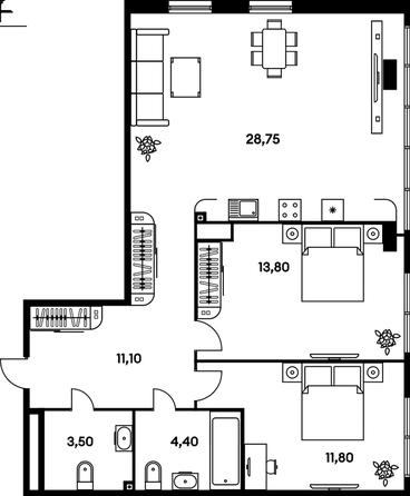 
   Продам 3-комнатную, 73.35 м², Гринсайд, 5.1-5.5

. Фото 1.