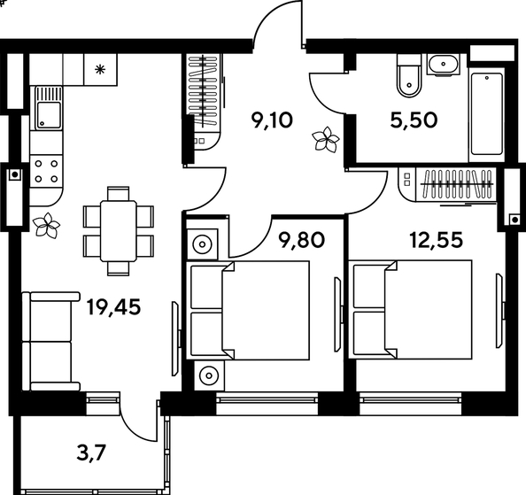 
   Продам 2-комнатную, 48.3 м², Сезоны

. Фото 1.