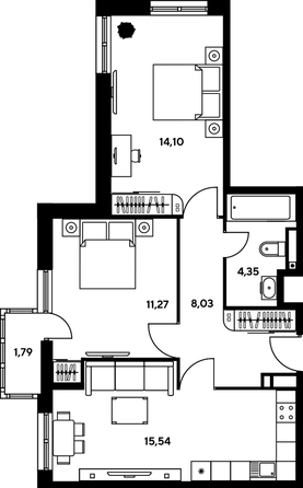 
   Продам 3-комнатную, 53.85 м², Гринсайд, 4.1-4.3

. Фото 1.