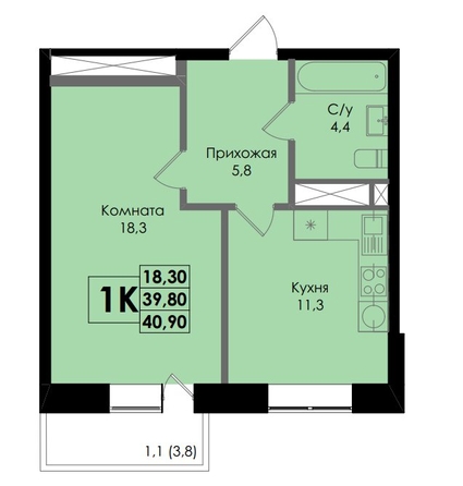 
   Продам 1-комнатную, 40.9 м², Botanika (Ботаника), дом 1

. Фото 1.