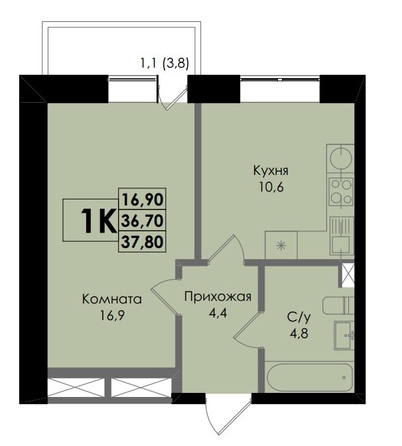 
   Продам 1-комнатную, 37.8 м², Botanika (Ботаника), дом 1

. Фото 1.