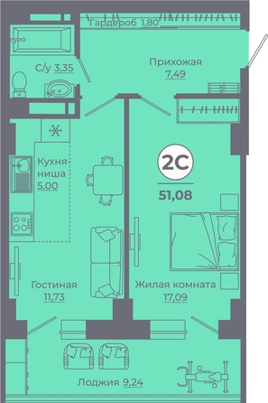 
   Продам 2-комнатную, 51.03 м², Сокольники, литера 7

. Фото 1.