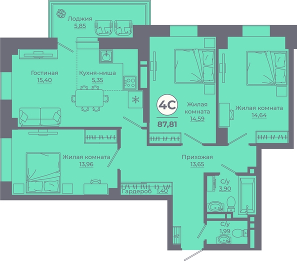 
  Продается 4-комн. квартира, 87.81 м², ЖК Сокольники, литера 7
. Фото 1.