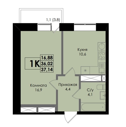 
   Продам 1-комнатную, 37.14 м², Botanika (Ботаника), дом 1

. Фото 2.