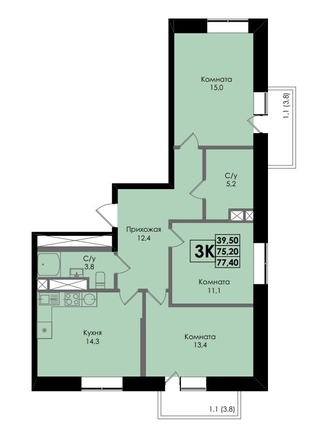 
  Продается 3-комн. квартира, 77.4 м², ЖК Botanika (Ботаника), дом 1
. Фото 2.
