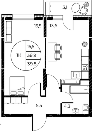 
  Продается 1-комн. квартира, 39.8 м², ЖК Панорама на Театральном, литера 1
. Фото 2.