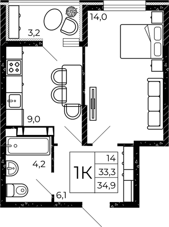 
  Продается 1-комн. квартира, 34.9 м², ЖК Флора, литера 2.1
. Фото 2.