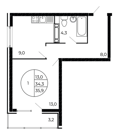 
  Продается 1-комн. квартира, 35.05 м², ЖК Флора, литера 1.2
. Фото 1.