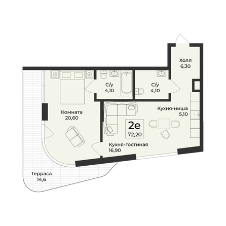 
  Продается 2-комн. квартира 72.3 м², в ЖК Нега. Фото 2.
