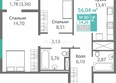 Благо: Планировка 2-комн 54,26, 54,3 м²