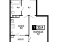 Печорин, литер 1: Планировка 1-комн 33,9, 34,2 м²