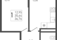 Югге, литера 6: Планировка 1-комн 36,76, 37,09 м²