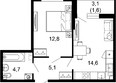Лестория, дом 1: Планировка 1-комн 38,2 - 38,8 м²