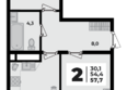 Родной дом 2, литера 2: Планировка 2-комн 57,7 м²