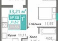 Горизонты 2 : Планировка 1-комн 31,62 м²