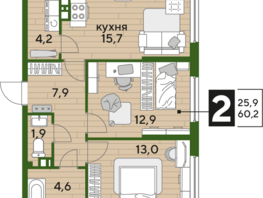 Продается 2-комнатная квартира ЖК DOGMA PARK (Догма парк), литера 13, 60.2  м², 8120980 рублей